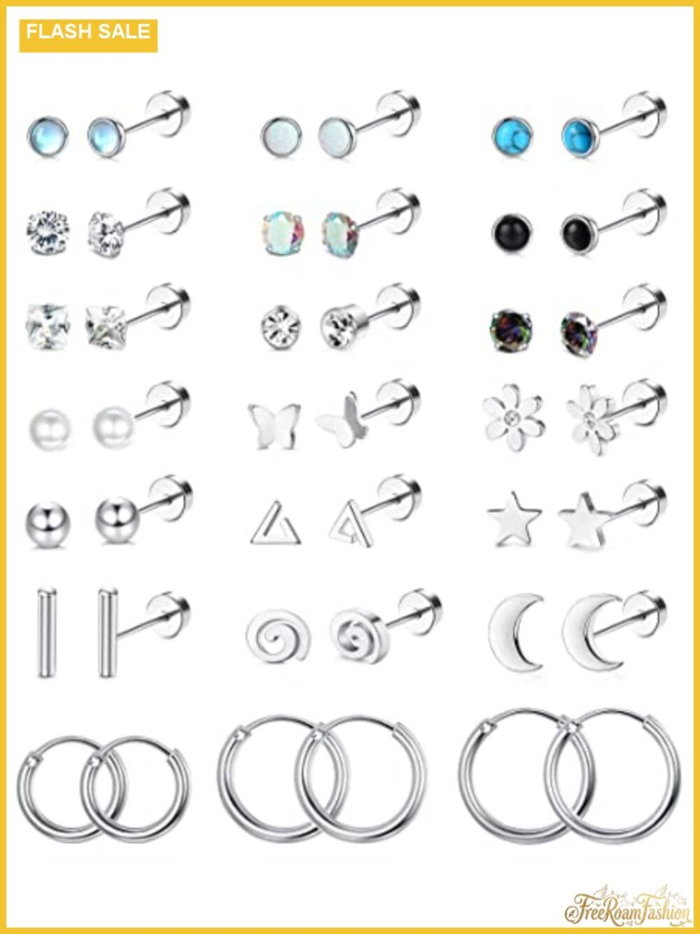 316L Surgical Steel Flat Back Earring Set - Hypoallergenic Studs & Hoops
